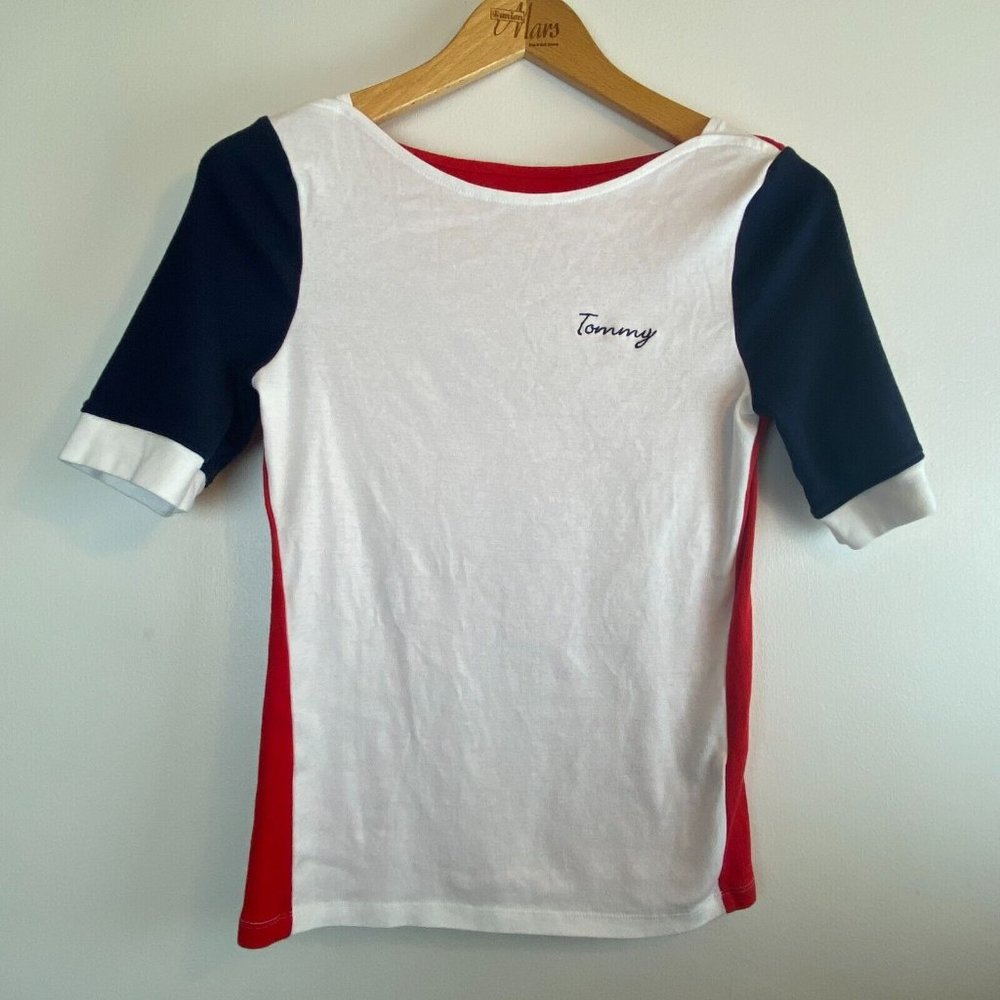 y2k Tommy Hilfiger Women's T-Shirt/Blouse Short-Sleeve Boat Neck Top M